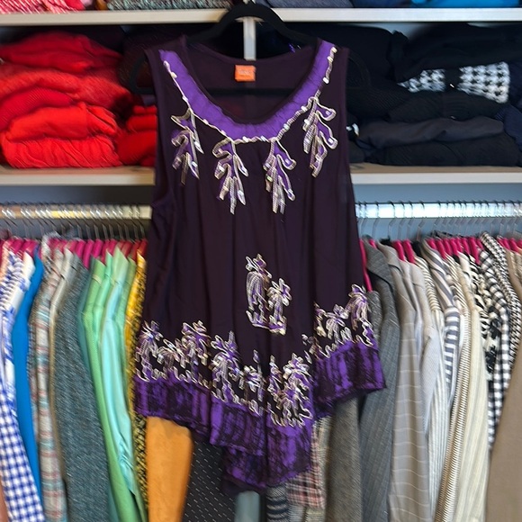 California Woman purple palm tree print curved hem sleeveless dress size OS NWOT - Picture 1 of 3